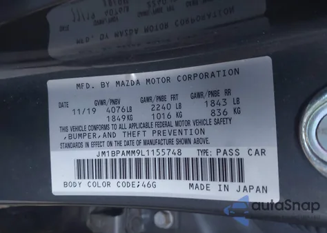 2020 Mazda Mazda3 Preferred Package z USA, uszkodzony, nr VIN JM1BPAMM9L1155748